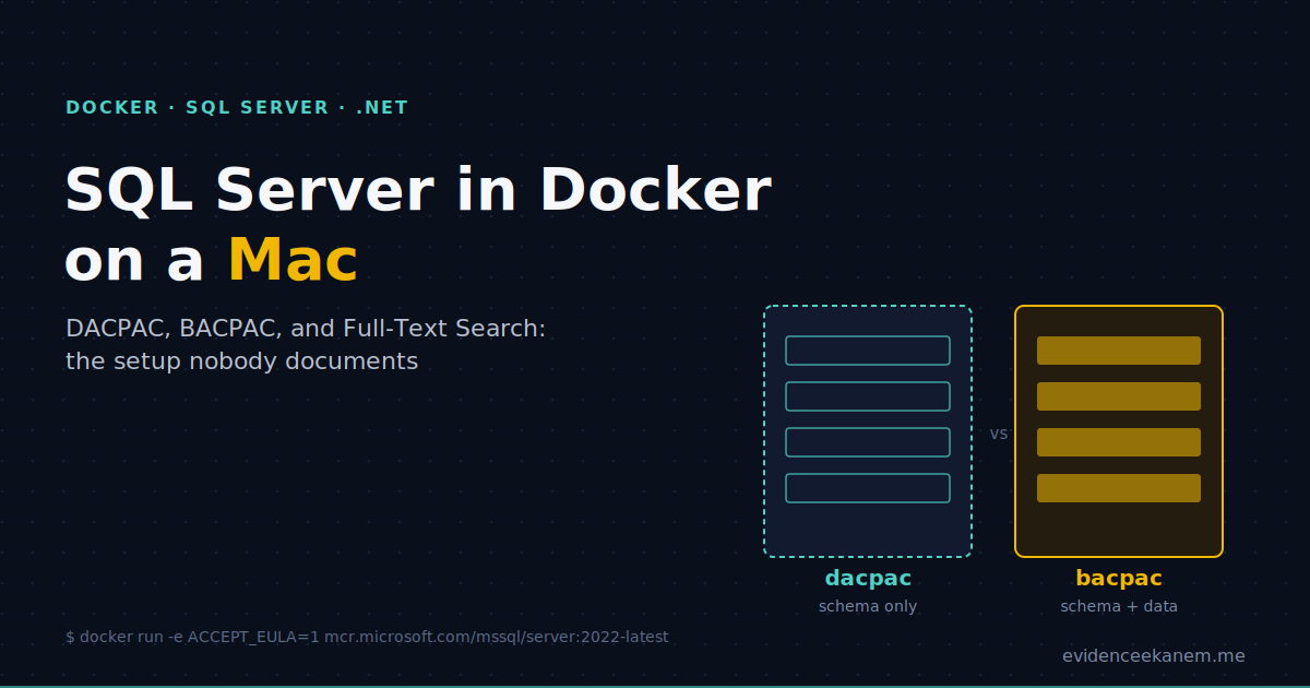 SQL Server in Docker on a Mac: The DACPAC, BACPAC, and Full-Text Search Setup Nobody Documents